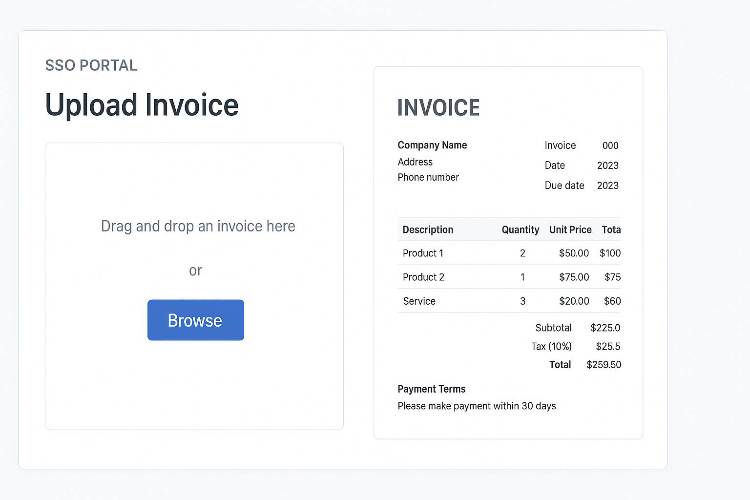 Drag and drop invoice upload interface